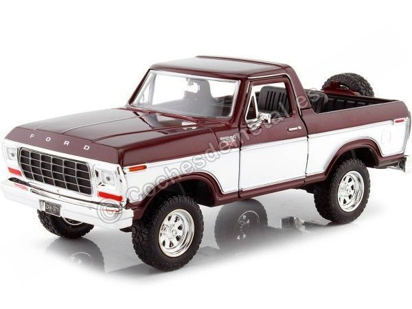 Cochesdemetal.es 1978 Ford Bronco OpenTop + Rueda de Repuesto Burdeos/Blanco 1:24 Motor Max 79372