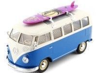 Cochesdemetal.es 1963 Volkswagen VW T1 Bus Con Tabla de Surf Azul/Beige 1:24 Welly 22095