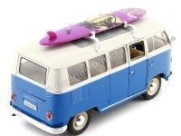 Cochesdemetal.es 1963 Volkswagen VW T1 Bus Con Tabla de Surf Azul/Beige 1:24 Welly 22095