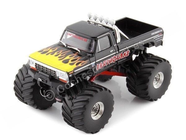 Cochesdemetal.es 1975 Ford F-250 Monster Truck "Earthquake Kings of Crunch" Negro con Llamas 1:43 Greenlight 88022