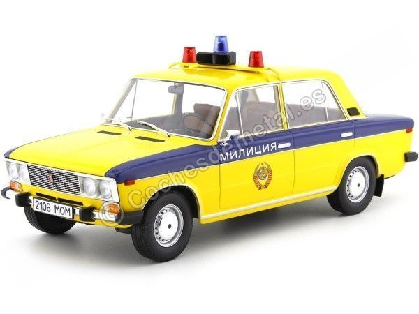 Cochesdemetal.es 1976 Lada 2106 (Seat 124) Policia URSS Amarillo/Azul 1:18 Triple-9 1800246