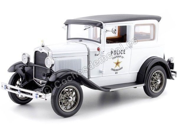 Cochesdemetal.es 1931 Ford Model A Tudor Police Car Blanco/Negro 1:18 Sun Star 6108