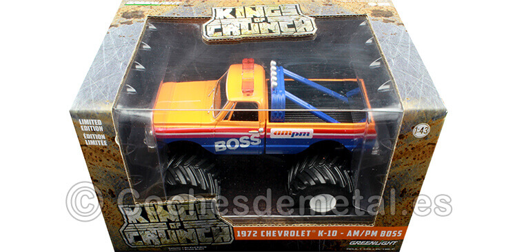 1972 Chevrolet K-10 Monster Truck AM/PM BOSS Kings of Crunch Naranja/Azul 1:43 Greenlight 88021