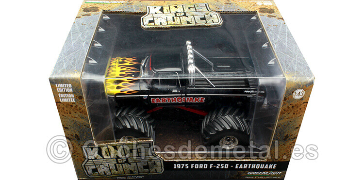 1975 Ford F-250 Monster Truck Earthquake Kings of Crunch Negro con Llamas 1:43 Greenlight 88022