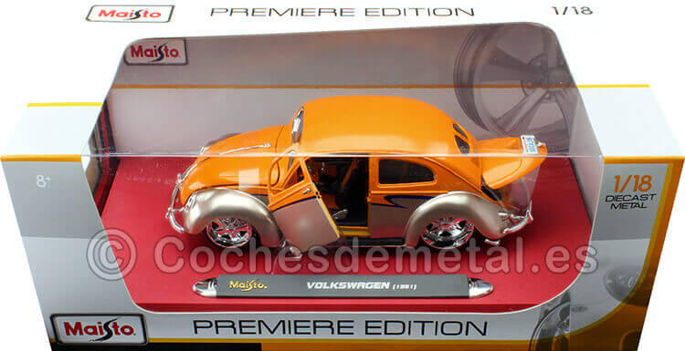 1951 Volkswagen VW Beetle Hard Top Custom Plata/Naranja Metalizado 1:18 Maisto Premiere 31018