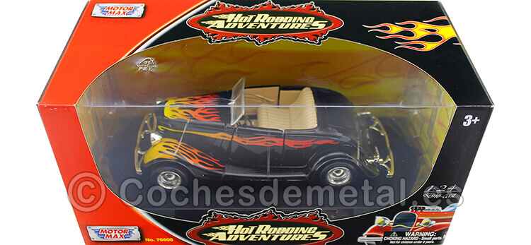 1934 Ford Coupe Convertible Hot Rodding Negro con Llamas 1:24 Motor Max 76607