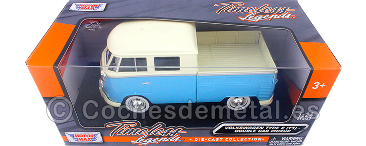 1967 Volkswagen VW Type 2 T1 Cabina Doble Pickup Azul/Blanco 1:24 Motor Max 79343