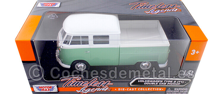 1967 Volkswagen VW Type 2 T1 Cabina Doble Pickup Verde/Blanco 1:24 Motor Max 79343