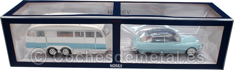 1959 Citroen DS 19 Azul Nube/Berenjena + Caravana Henon Blanca/Azul 1:18 Norev 181760