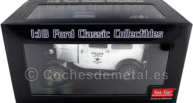 1931 Ford Model A Tudor Police Car Blanco/Negro 1:18 Sun Star 6108